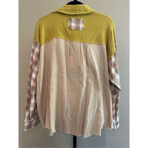 Size S Easel Beige Gauze Plaid Mix Button Up Top - Picture 3 of 10